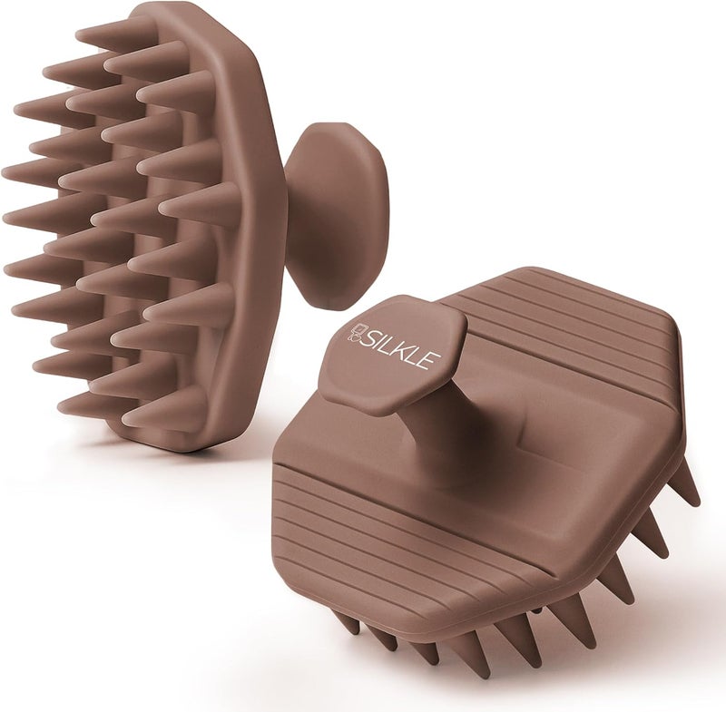 SILKLE Scalp Massager Shampoo Brush – Silicone Scalp Scrubber for Hair Growth & Dandruff Removal, One-Piece, Non-Slip Handle, Soft Bristles, Wet/Dry Shower Scalp Exfoliator for All Hair Types – Brown - Image 1